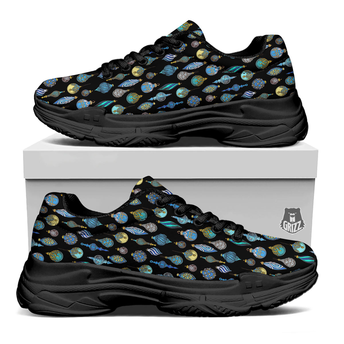 Christmas Decorations Drawing Print Pattern Black Chunky Shoes-grizzshop