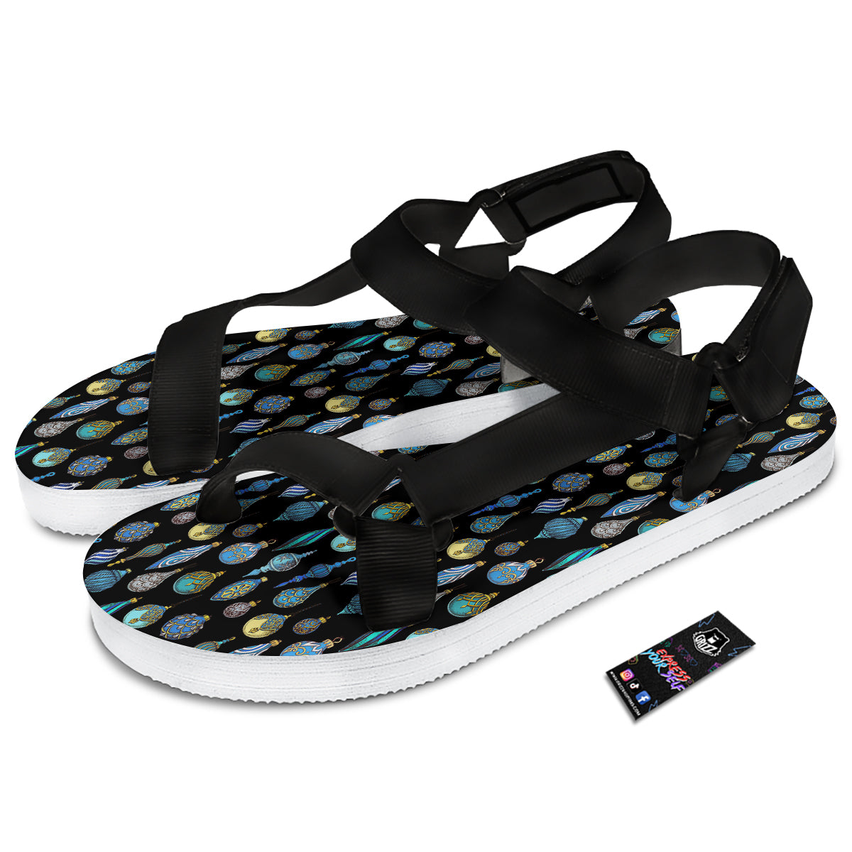Christmas Decorations Drawing Print Pattern Black Open Toe Sandals-grizzshop