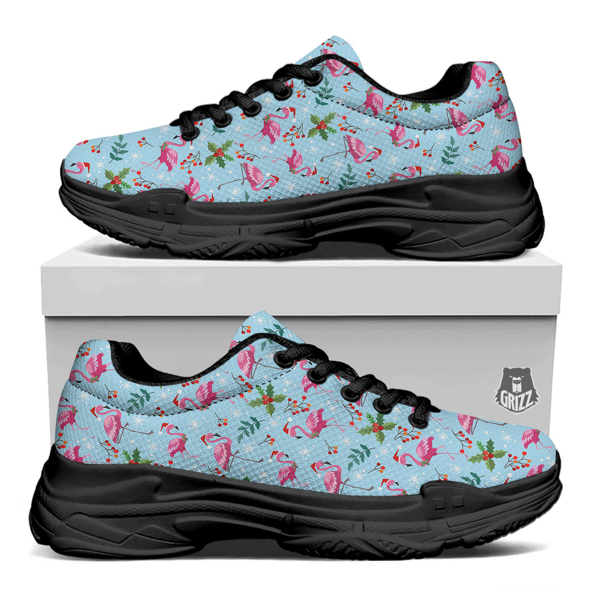 Christmas Flamingo Pink Print Pattern Black Chunky Shoes-grizzshop