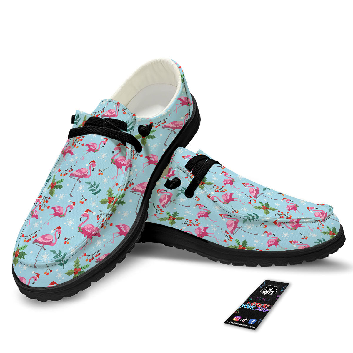 Christmas Flamingo Pink Print Pattern Black Loafers-grizzshop