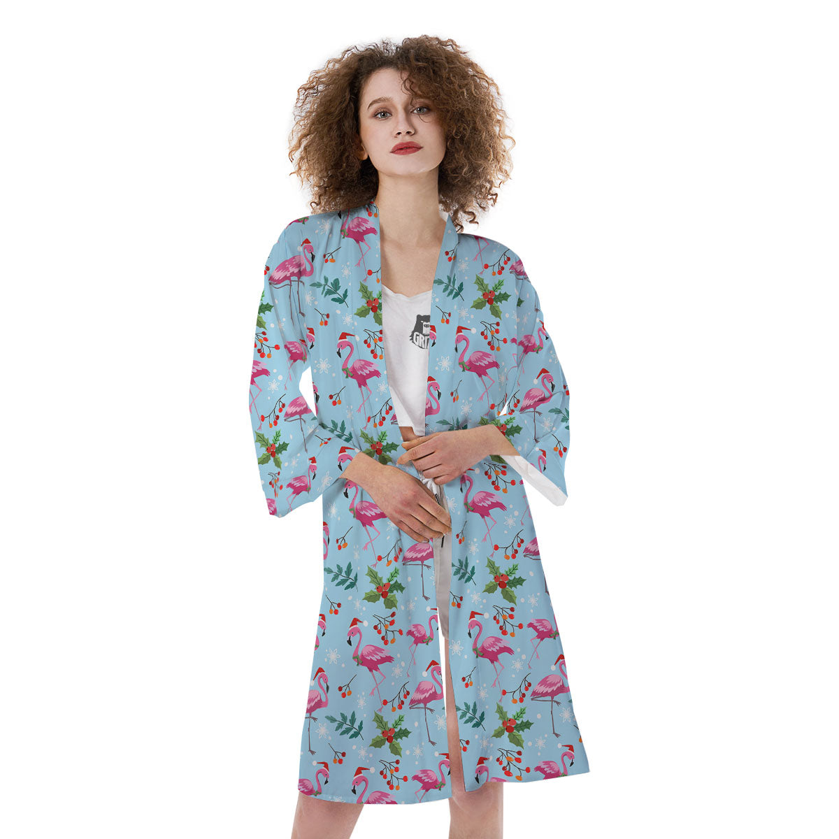 Christmas Flamingo Pink Print Pattern Kimono-grizzshop