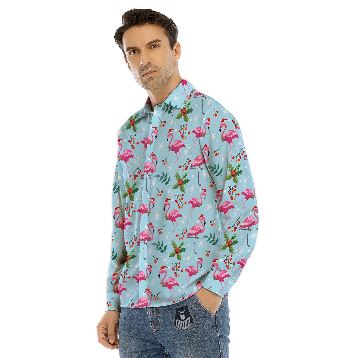 Christmas Flamingo Pink Print Pattern Men's Dress Shirts-grizzshop