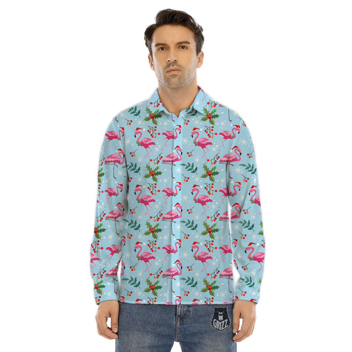 Christmas Flamingo Pink Print Pattern Men's Dress Shirts-grizzshop
