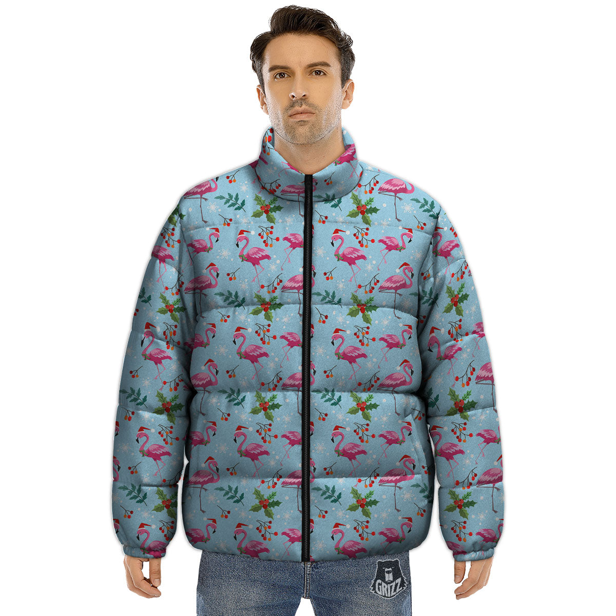 Christmas Flamingo Pink Print Pattern Puffer Jacket-grizzshop
