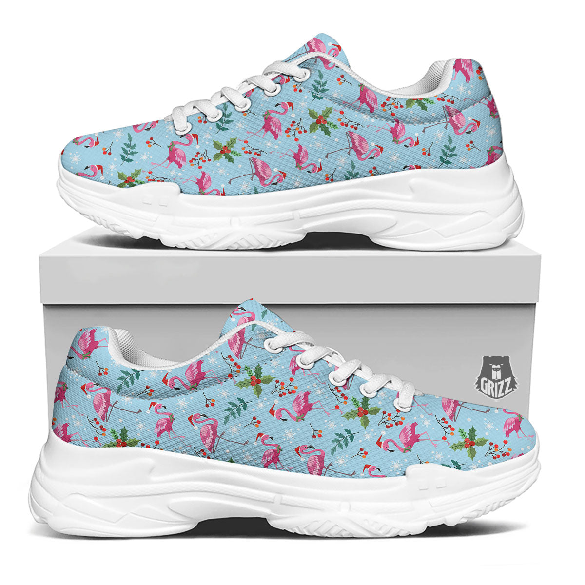 Christmas Flamingo Pink Print Pattern White Chunky Shoes-grizzshop