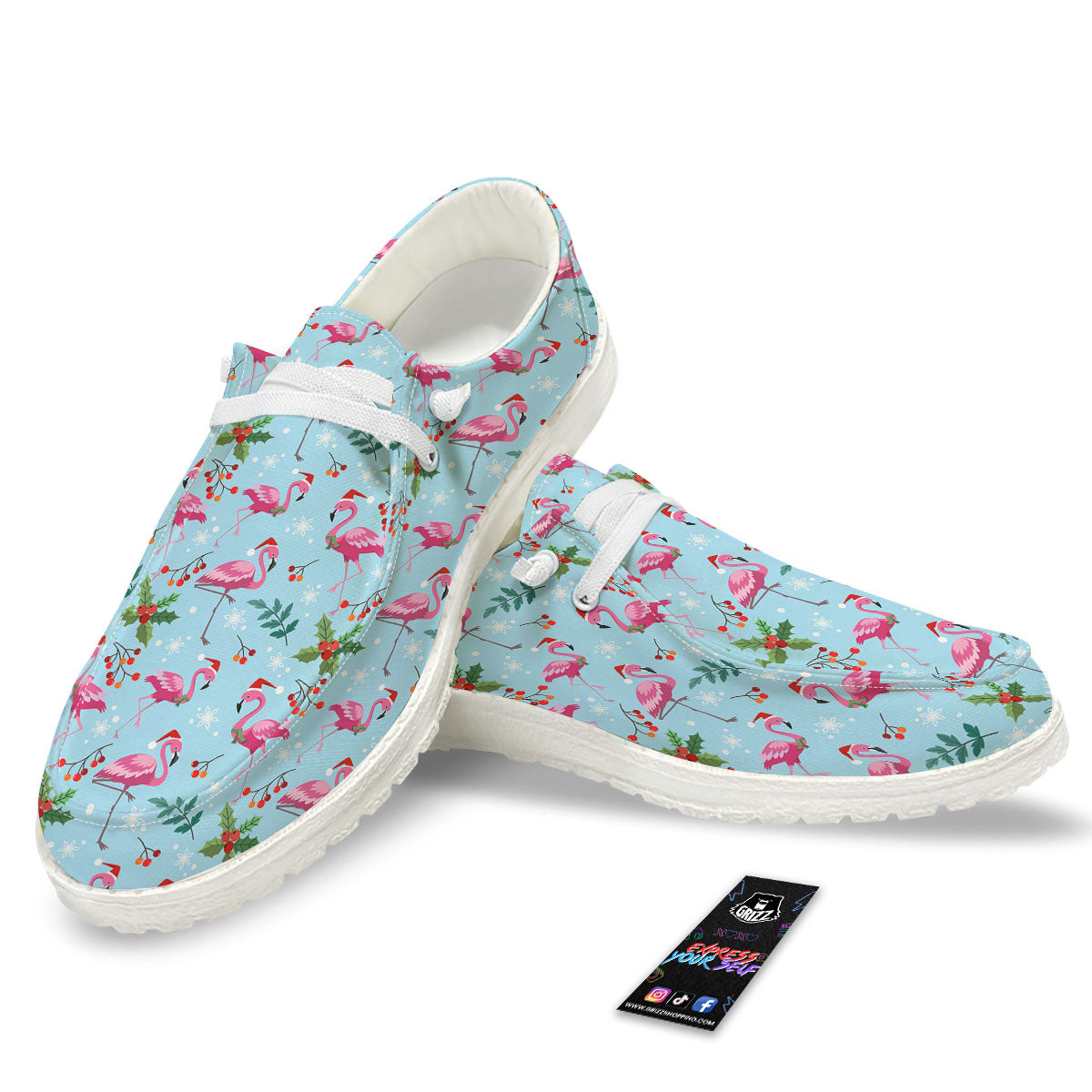 Christmas Flamingo Pink Print Pattern White Loafers-grizzshop