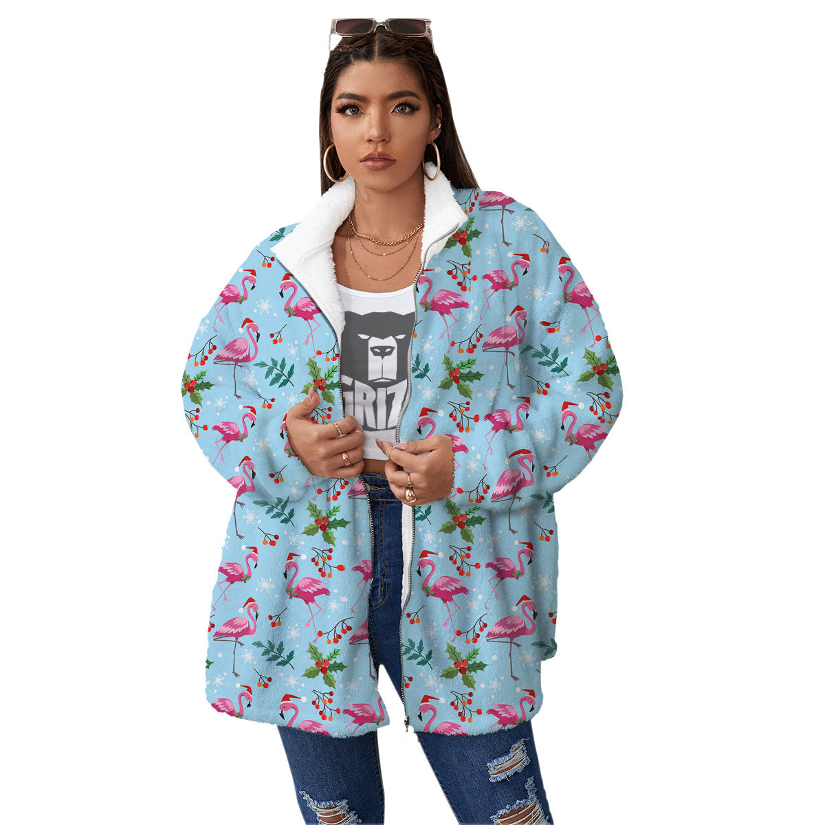 Christmas Flamingo Pink Print Pattern Women's Sherpa Jacket-grizzshop