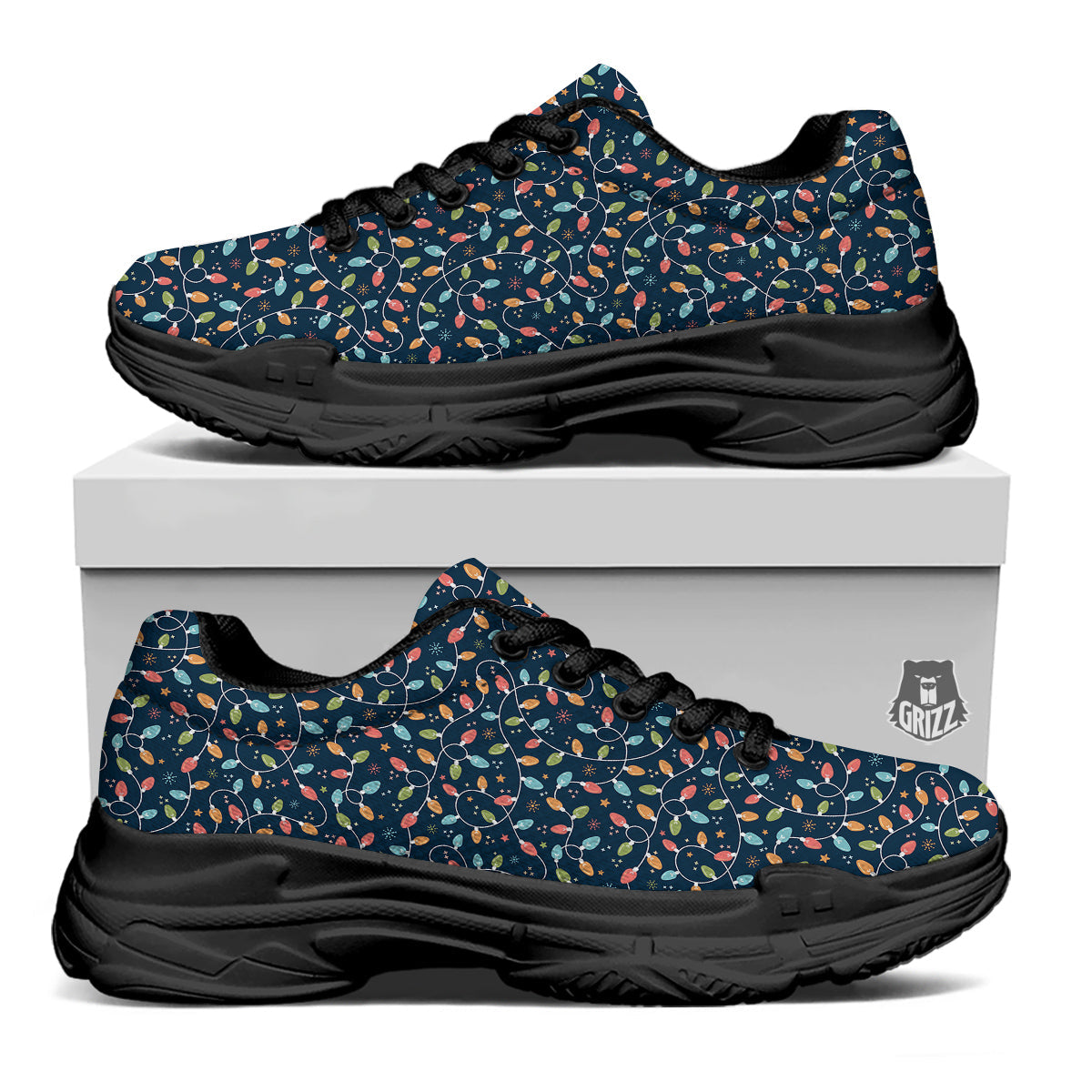 Christmas Lights Colorful Print Black Chunky Shoes-grizzshop