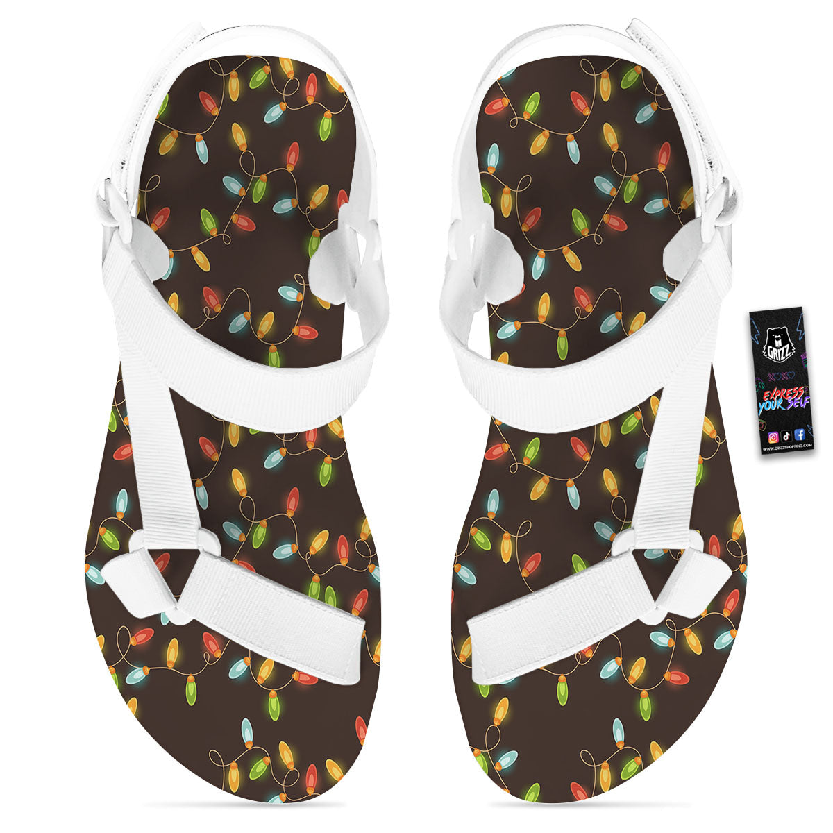 Christmas Lights Print Pattern White Open Toe Sandals-grizzshop