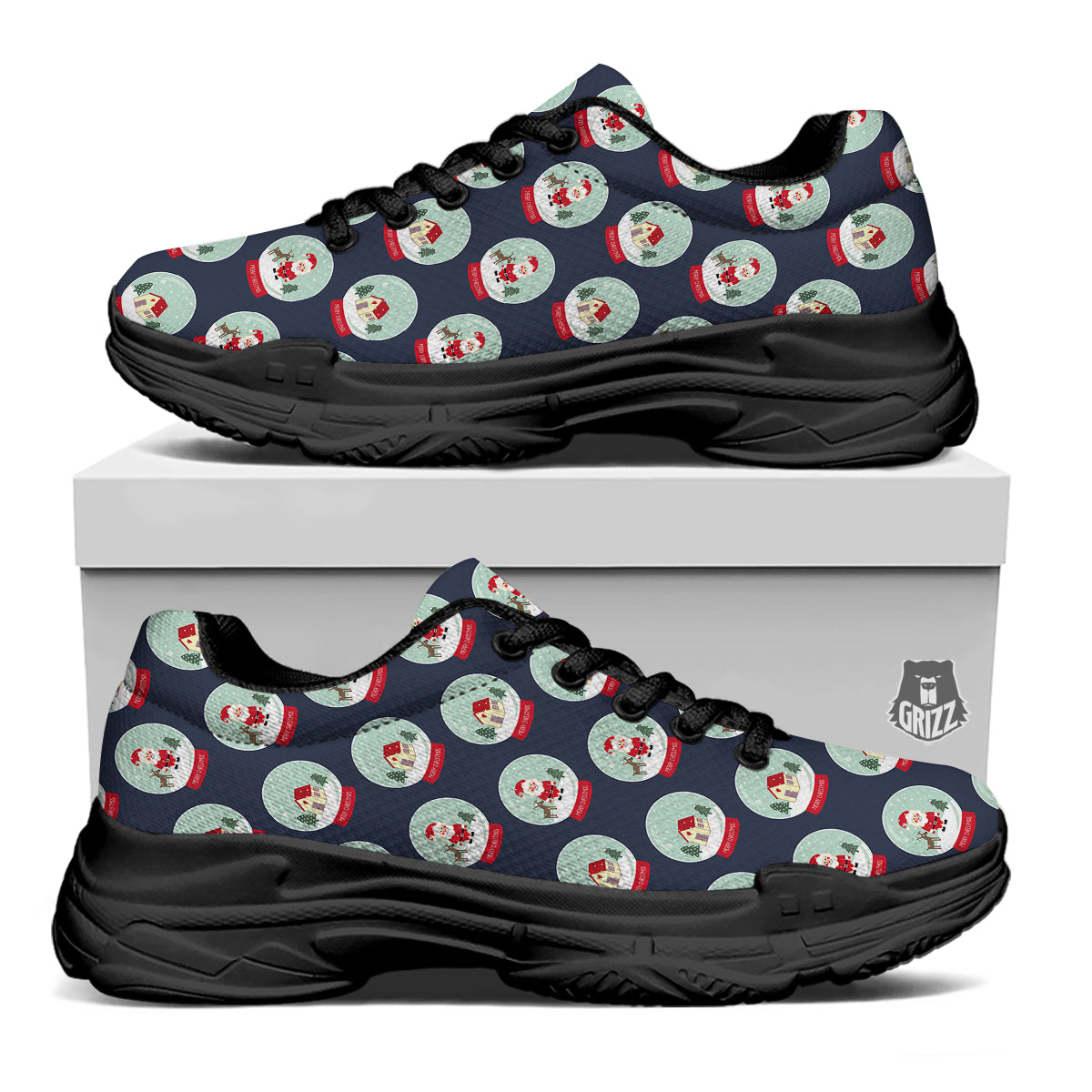 Christmas Snow Globe Print Pattern Black Chunky Shoes-grizzshop