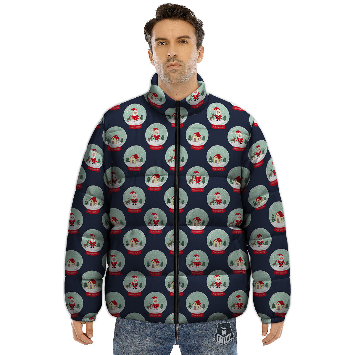 Christmas Snow Globe Print Pattern Puffer Jacket-grizzshop