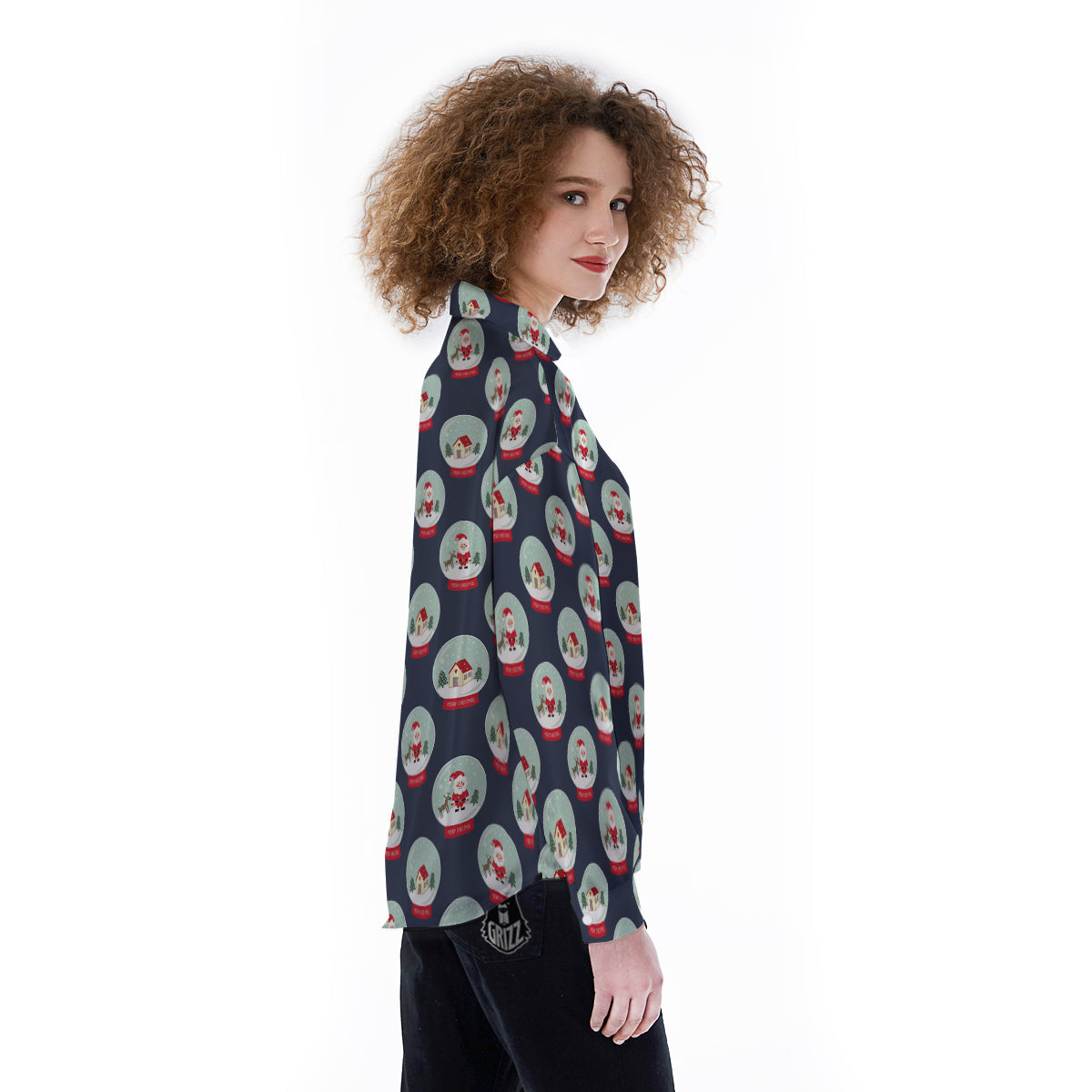 Christmas Snow Globe Print Pattern Women's Long Sleeve Shirts-grizzshop