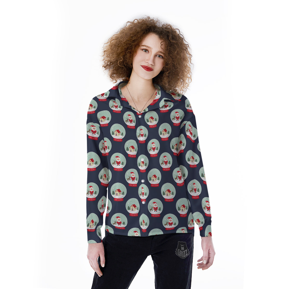 Christmas Snow Globe Print Pattern Women's Long Sleeve Shirts-grizzshop