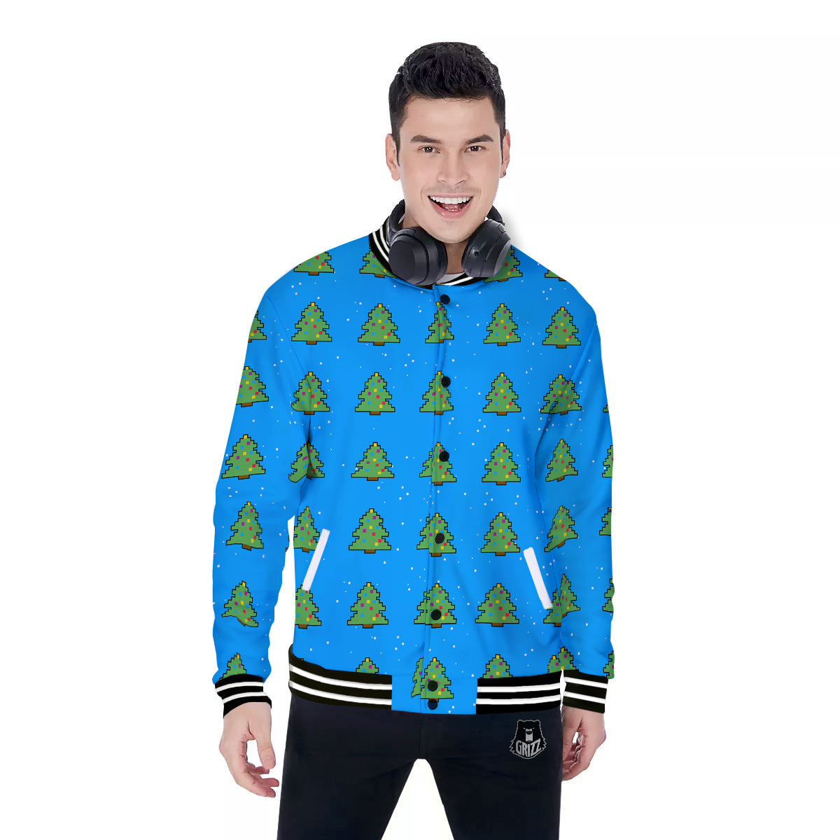 Christmas Tree 8-Bit Pixel Print Pattern Baseball Jacket-grizzshop