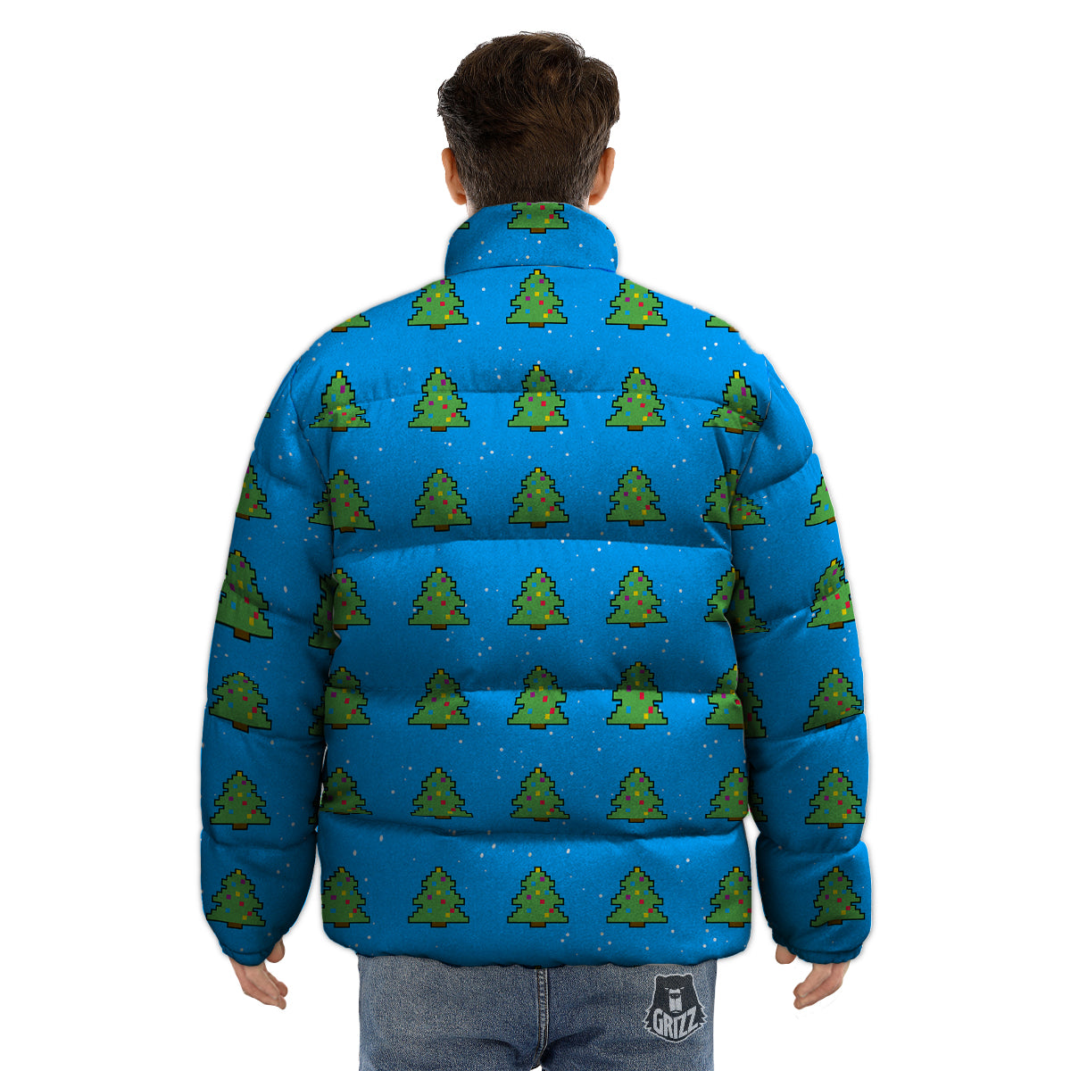 Christmas Tree 8-Bit Pixel Print Pattern Puffer Jacket-grizzshop