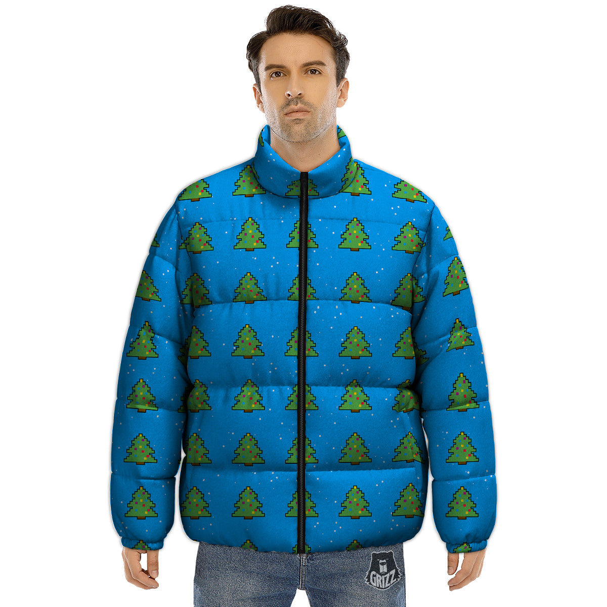 Christmas Tree 8-Bit Pixel Print Pattern Puffer Jacket-grizzshop