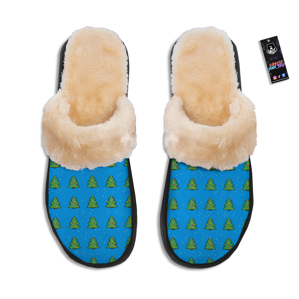 Christmas Tree 8-Bit Pixel Print Pattern Slippers-grizzshop