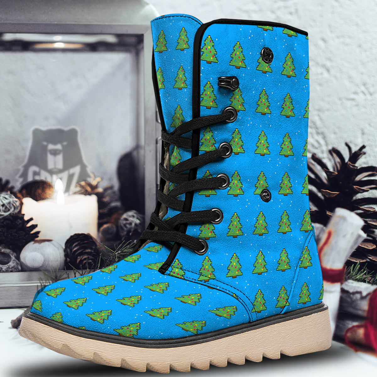 Christmas Tree 8-Bit Pixel Print Pattern Snow Boots-grizzshop