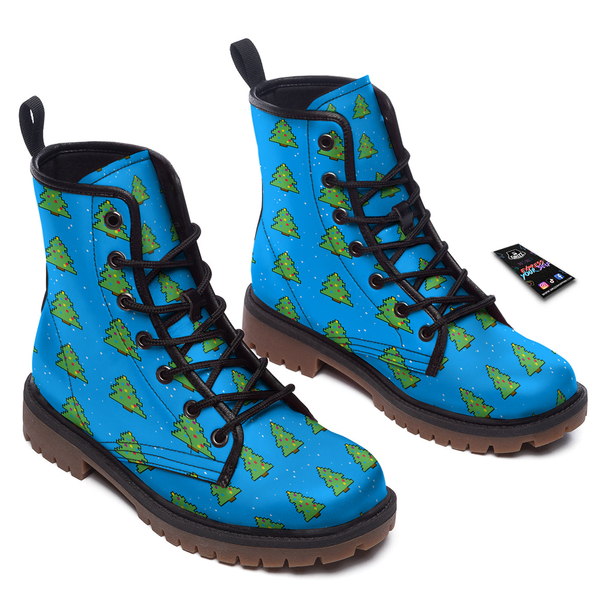 Christmas Tree 8-Bit Pixel Print Pattern Work Boots-grizzshop