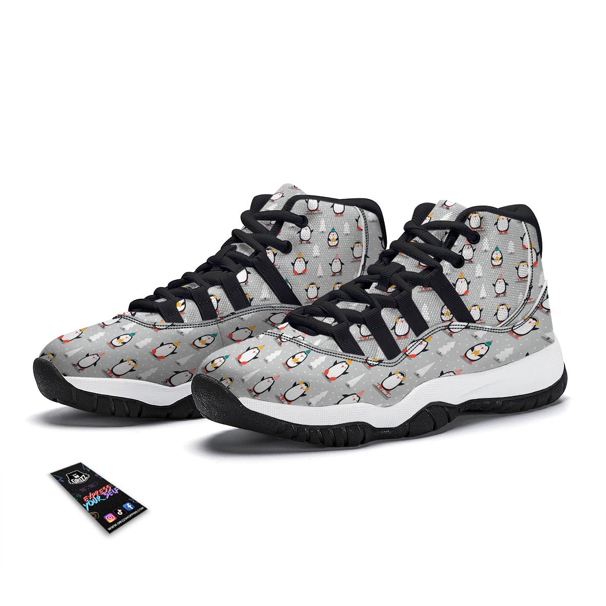 Christmas Tree Penguin Pattern Print Black Bball Shoes-grizzshop