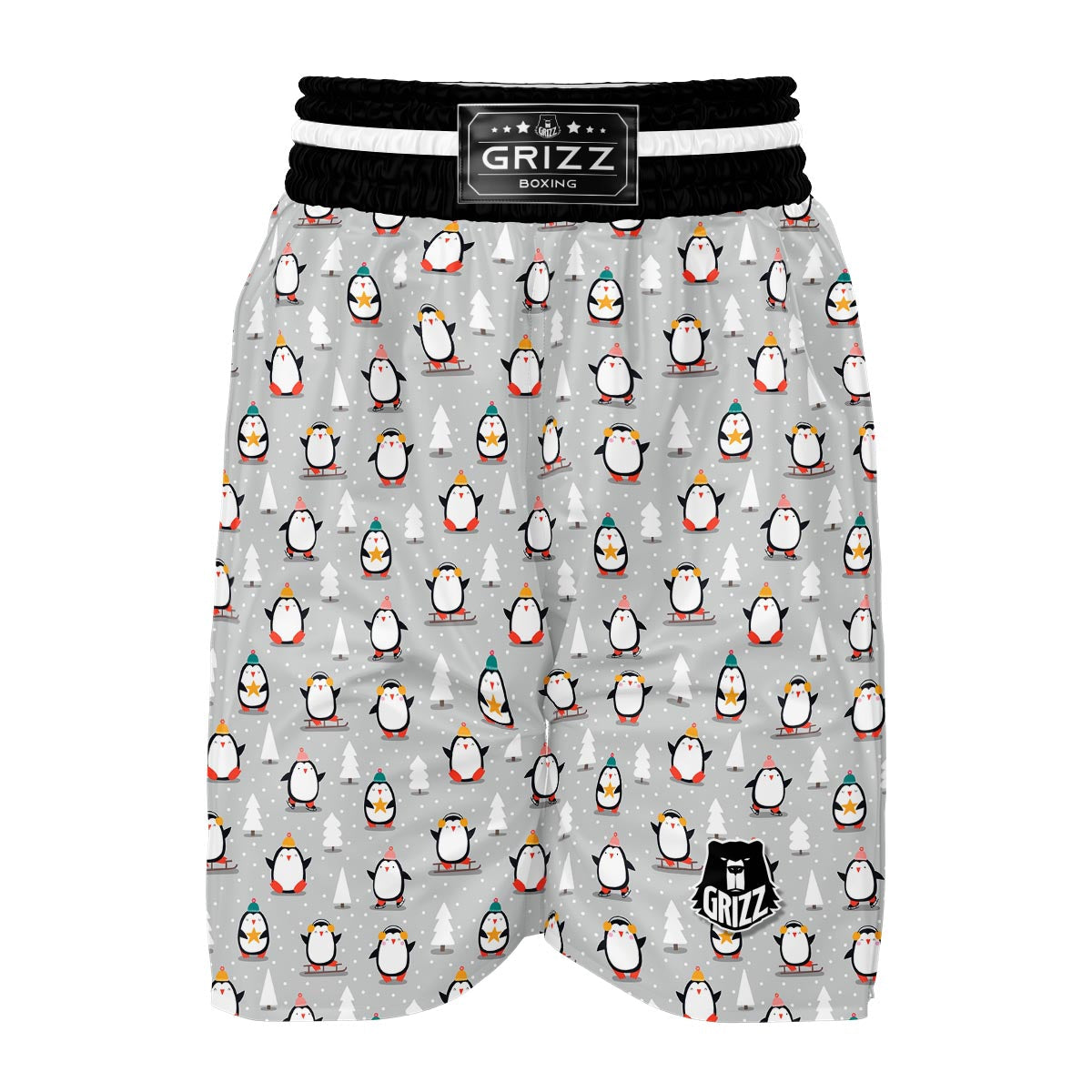 Christmas Tree Penguin Pattern Print Boxing Shorts-grizzshop