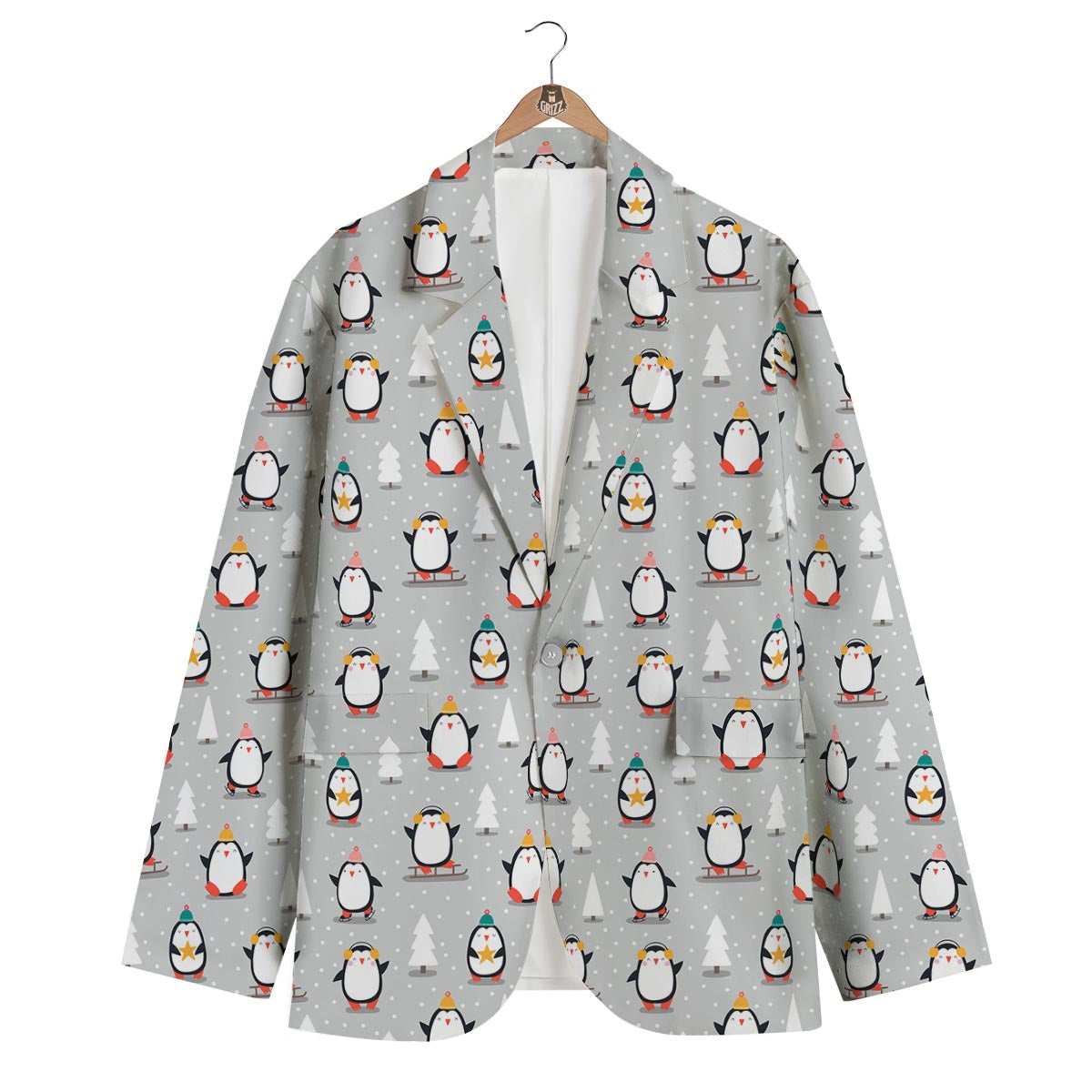 Christmas Tree Penguin Pattern Print Men's Blazer-grizzshop
