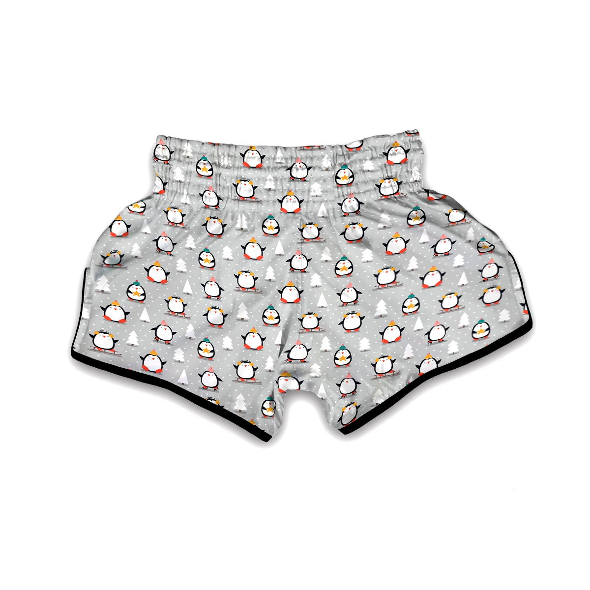Christmas Tree Penguin Pattern Print Muay Thai Boxing Shorts-grizzshop