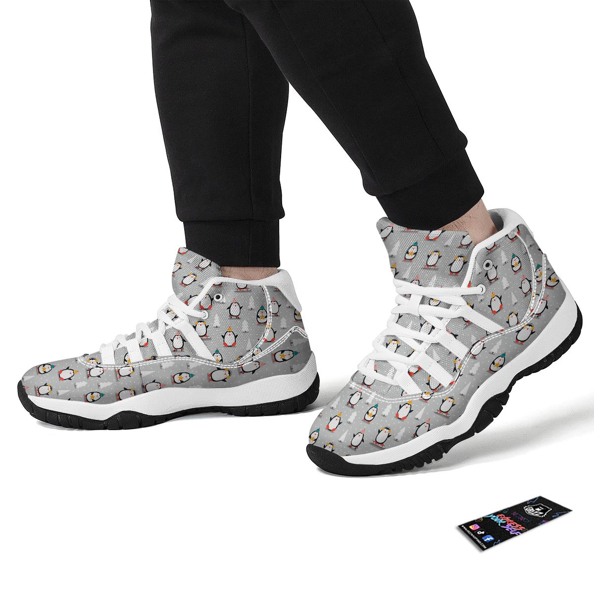 Christmas Tree Penguin Pattern Print White Bball Shoes-grizzshop