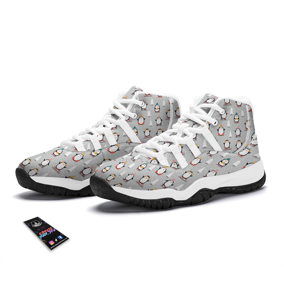 Christmas Tree Penguin Pattern Print White Bball Shoes-grizzshop