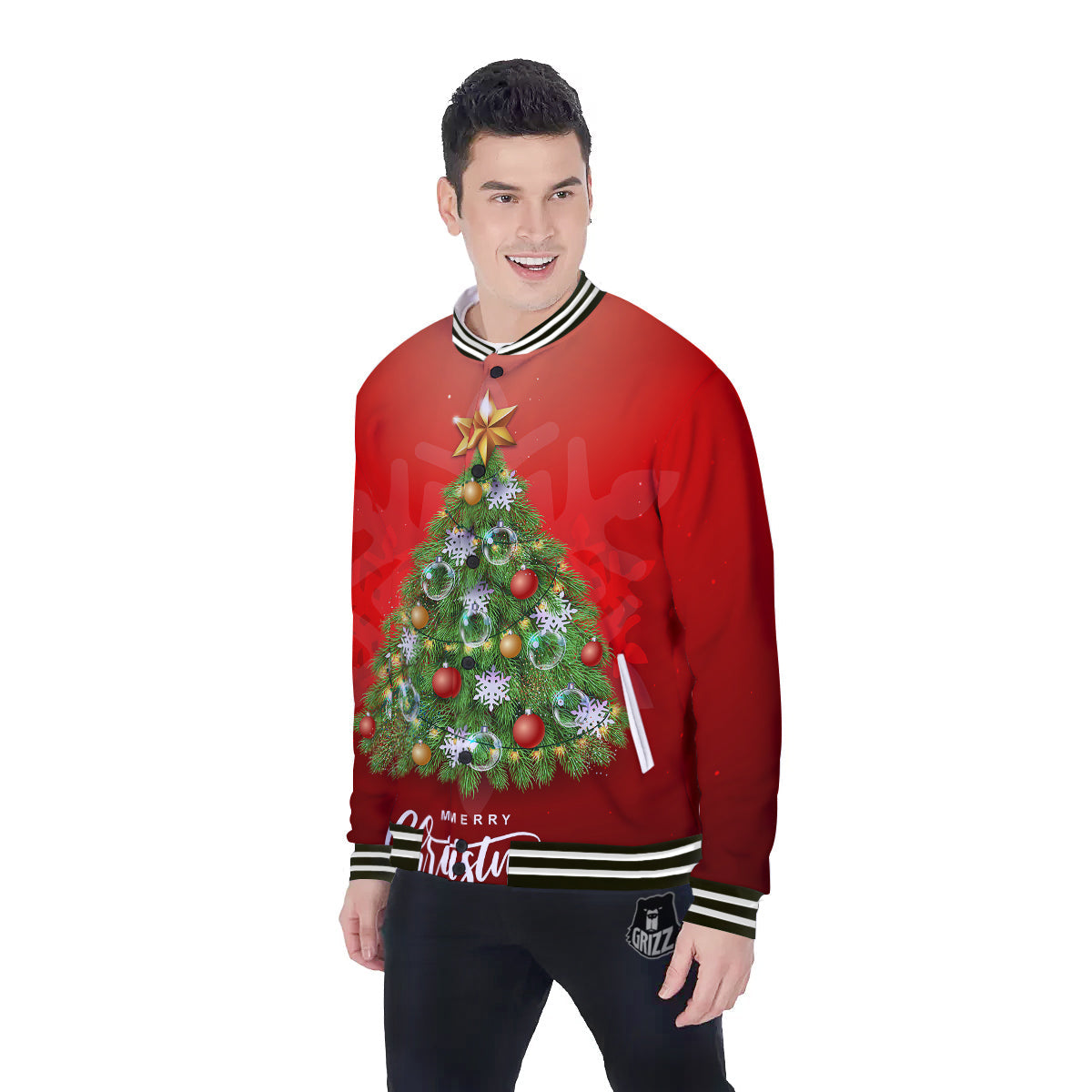 Christmas Tree Print Baseball Jacket-grizzshop