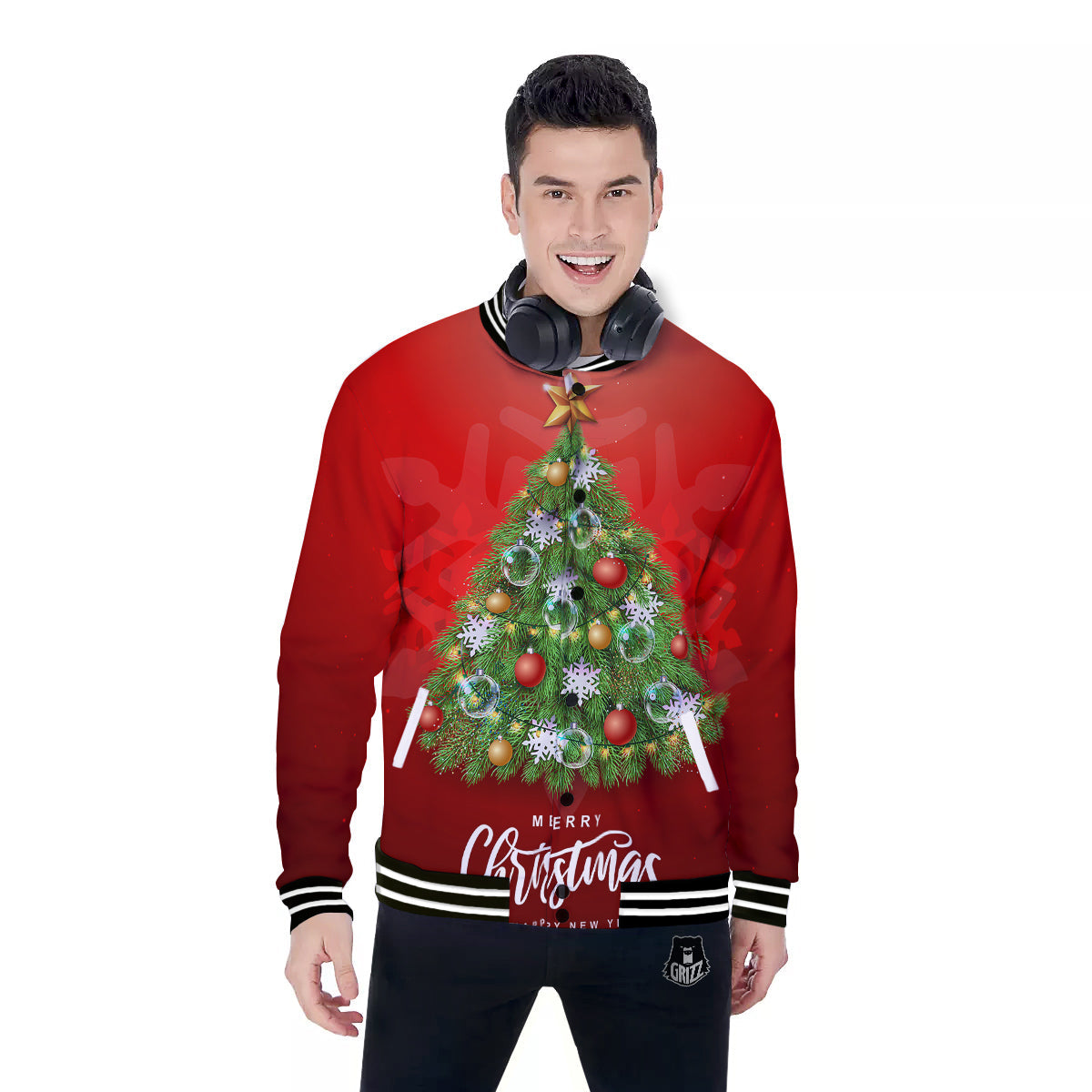 Christmas Tree Print Baseball Jacket-grizzshop