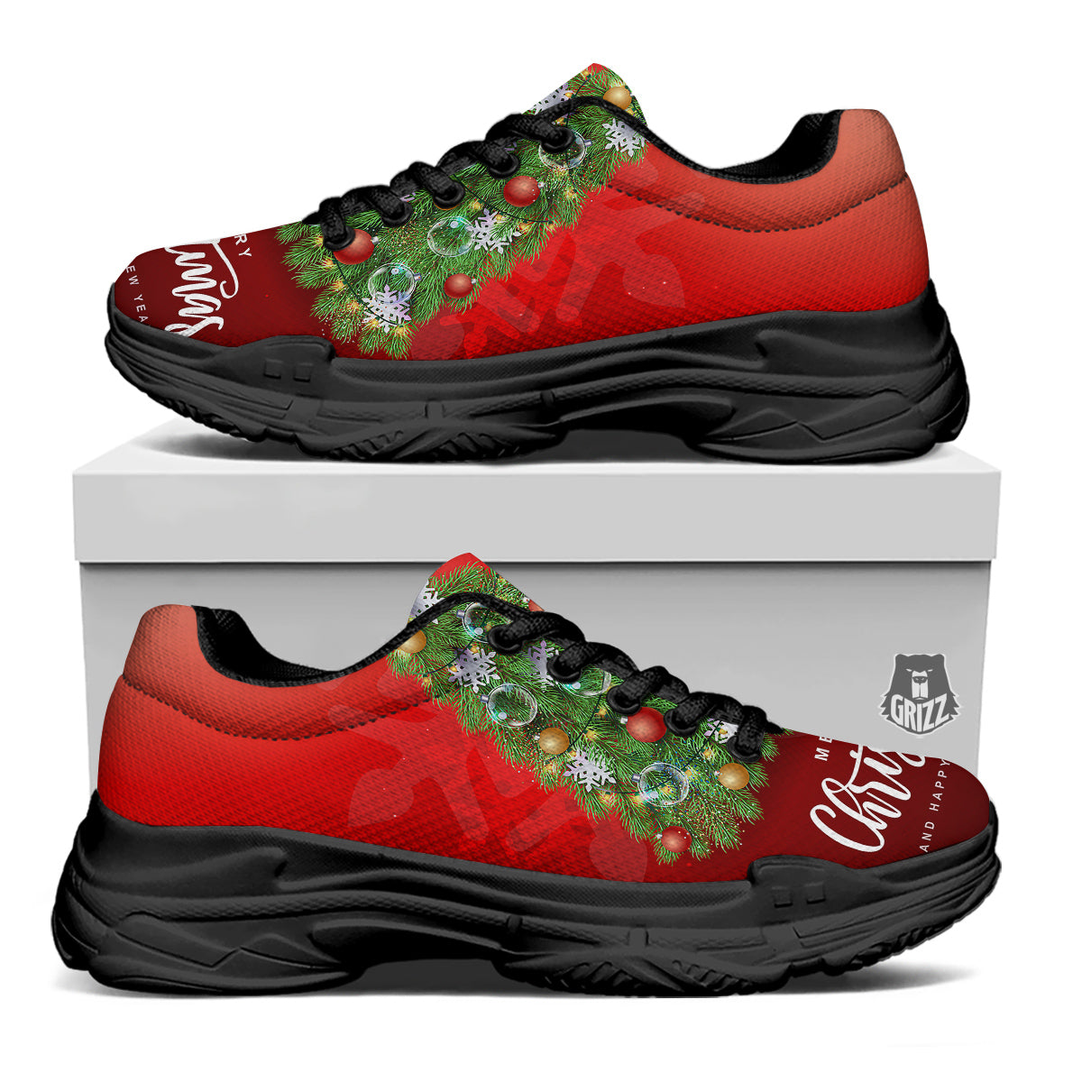 Christmas Tree Print Black Chunky Shoes-grizzshop