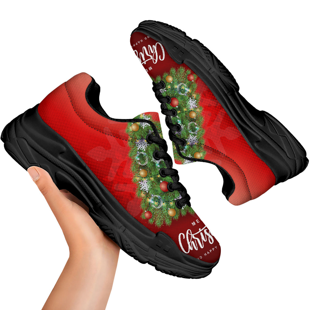 Christmas Tree Print Black Chunky Shoes-grizzshop