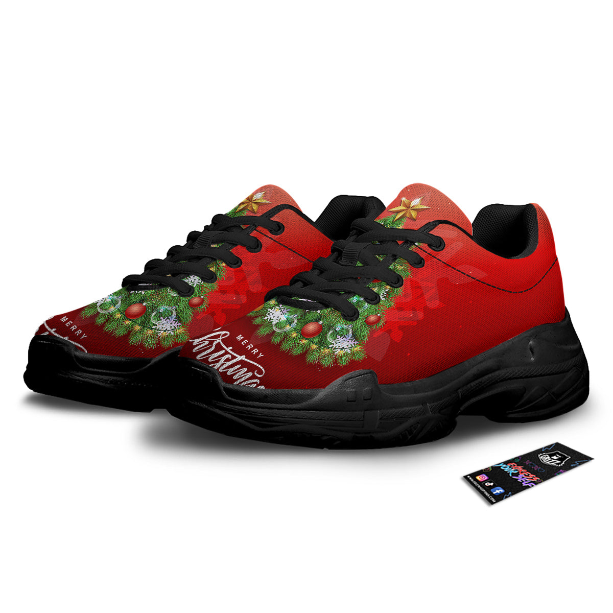 Christmas Tree Print Black Chunky Shoes-grizzshop