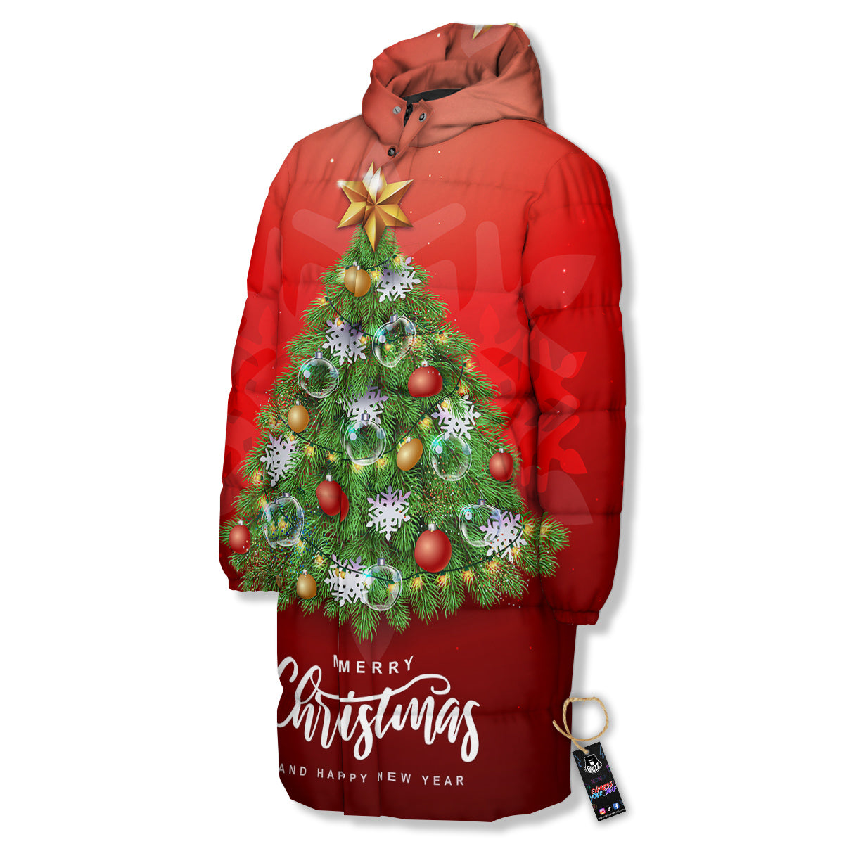 Christmas Tree Print Long Down Jacket-grizzshop