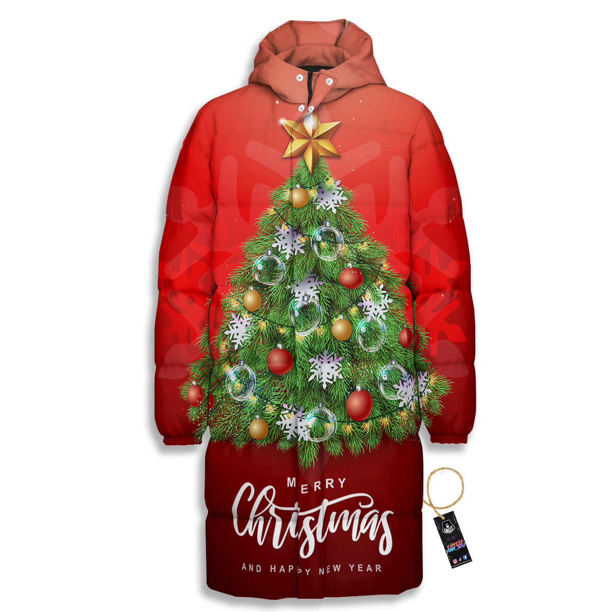 Christmas Tree Print Long Down Jacket-grizzshop