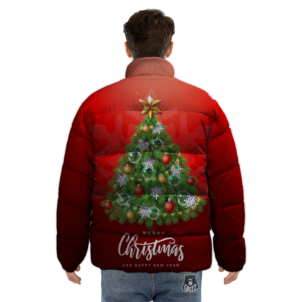 Christmas Tree Print Puffer Jacket-grizzshop