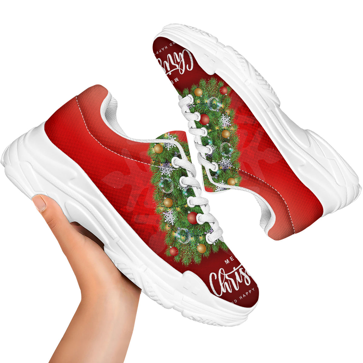 Christmas Tree Print White Chunky Shoes-grizzshop