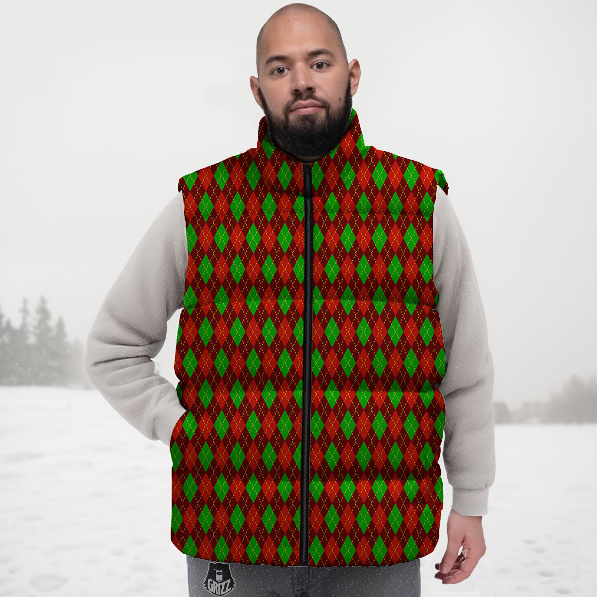 Christmas Argyle Red And Green Print Down Vest