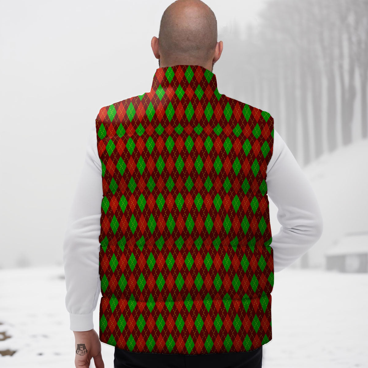 Christmas Argyle Red And Green Print Down Vest