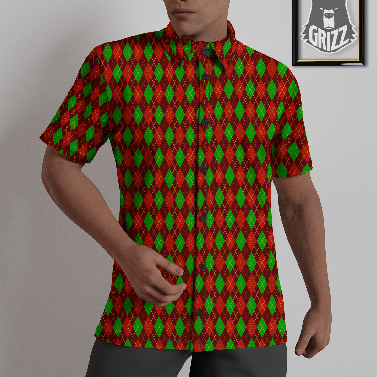 Christmas Argyle Red And Green Print Untucked Shirts-grizzshop