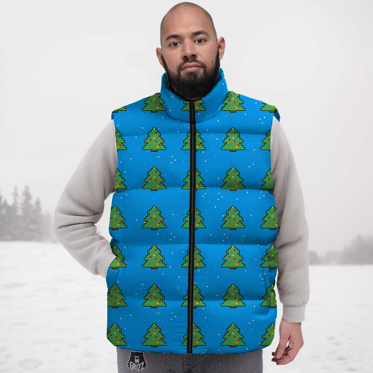 Christmas Tree 8-Bit Pixel Print Pattern Down Vest