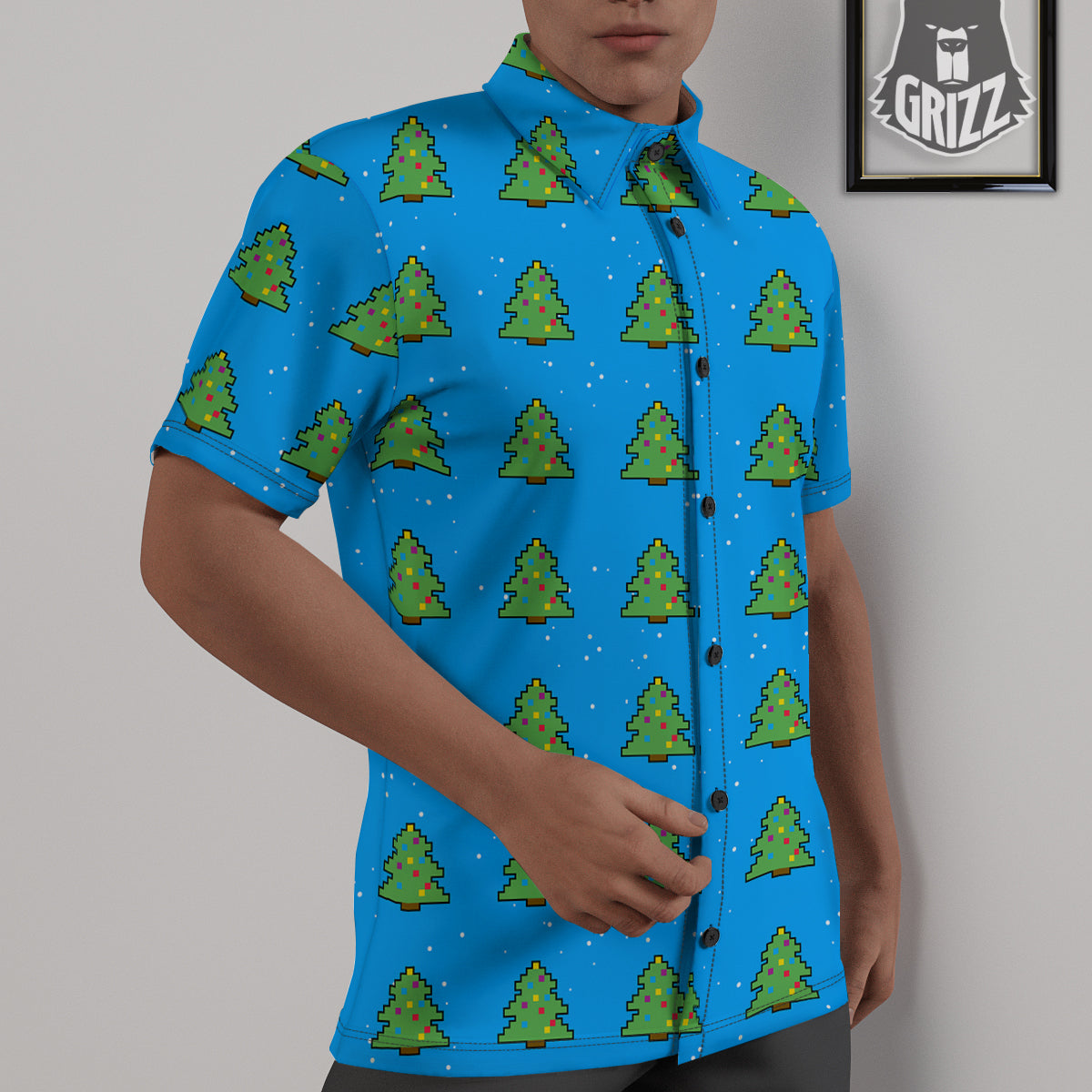 Christmas Tree 8-Bit Pixel Print Pattern Untucked Shirts-grizzshop