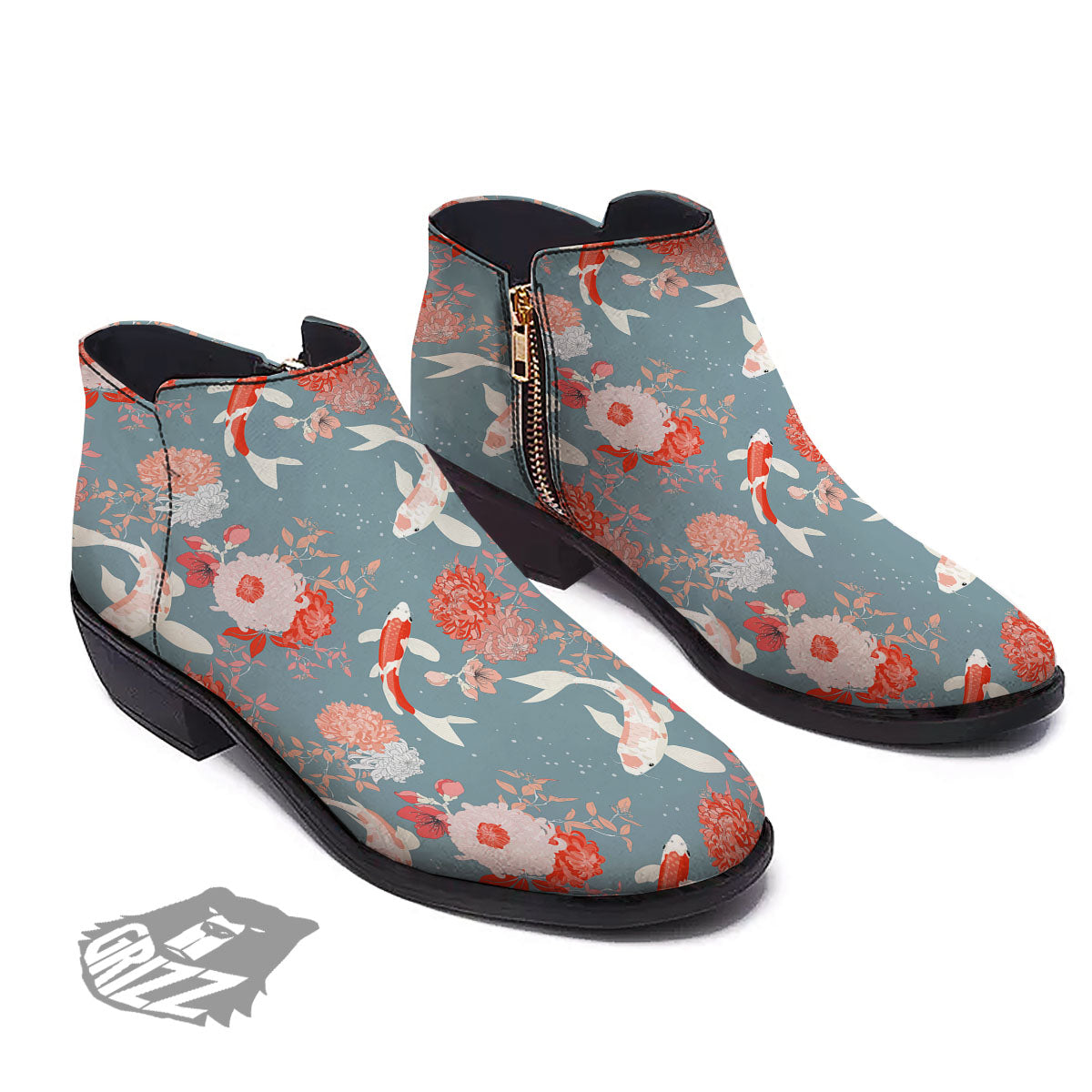 Chrysanthemum And Koi Carp Print Pattern Ankle Boots-grizzshop