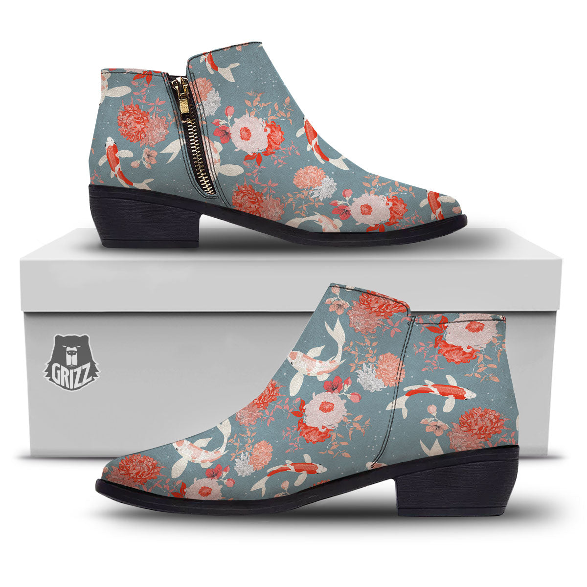 Chrysanthemum And Koi Carp Print Pattern Ankle Boots-grizzshop