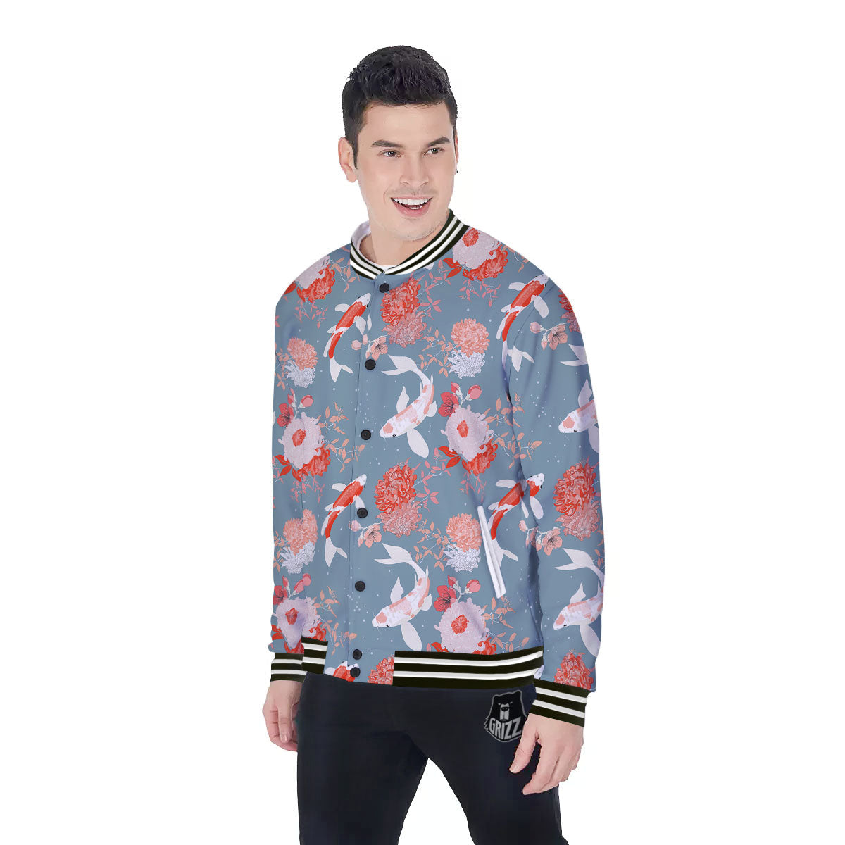Chrysanthemum And Koi Carp Print Pattern Baseball Jacket-grizzshop