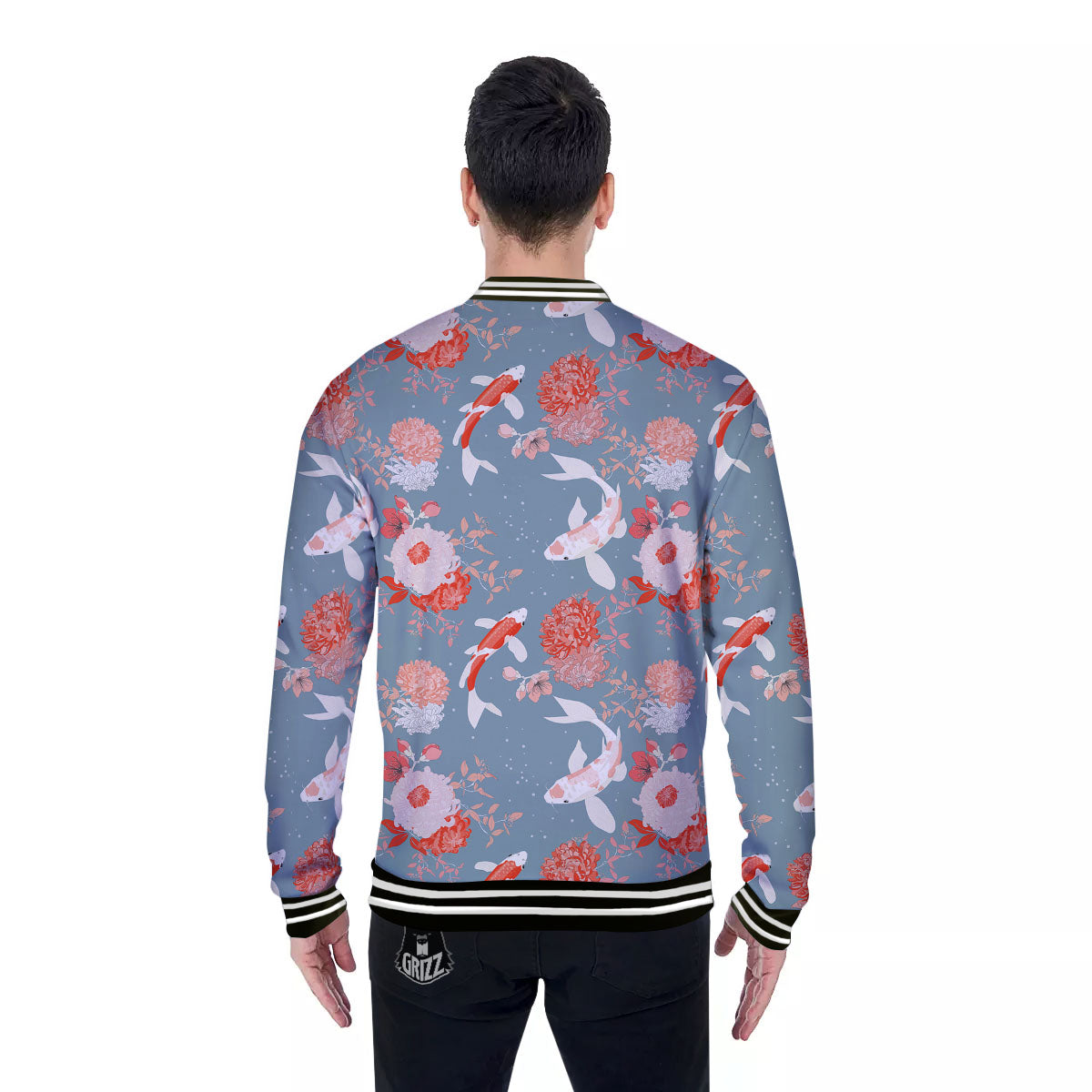 Chrysanthemum And Koi Carp Print Pattern Baseball Jacket-grizzshop