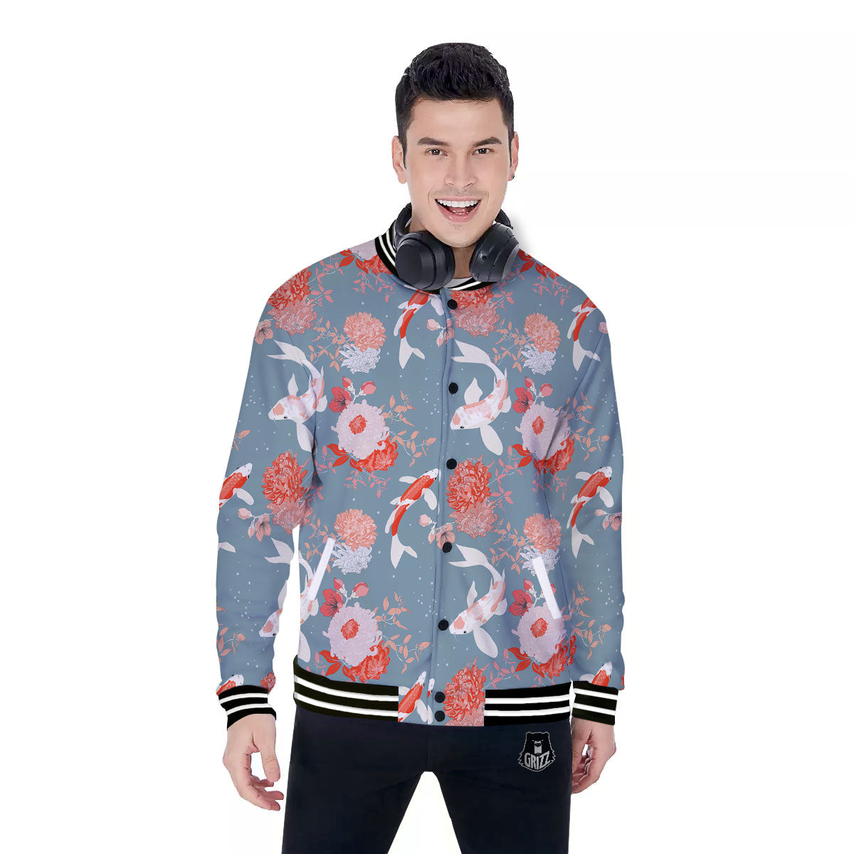 Chrysanthemum And Koi Carp Print Pattern Baseball Jacket-grizzshop