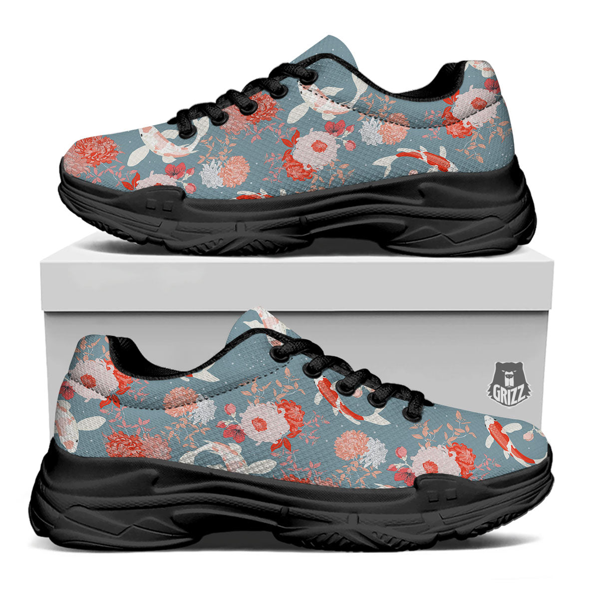 Chrysanthemum And Koi Carp Print Pattern Black Chunky Shoes-grizzshop