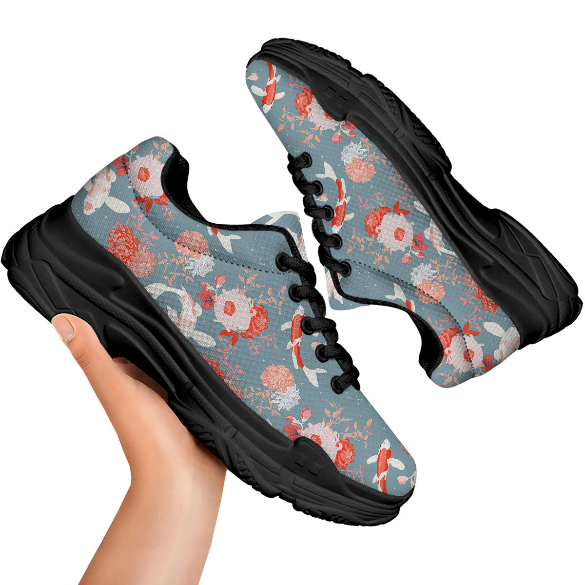 Chrysanthemum And Koi Carp Print Pattern Black Chunky Shoes-grizzshop